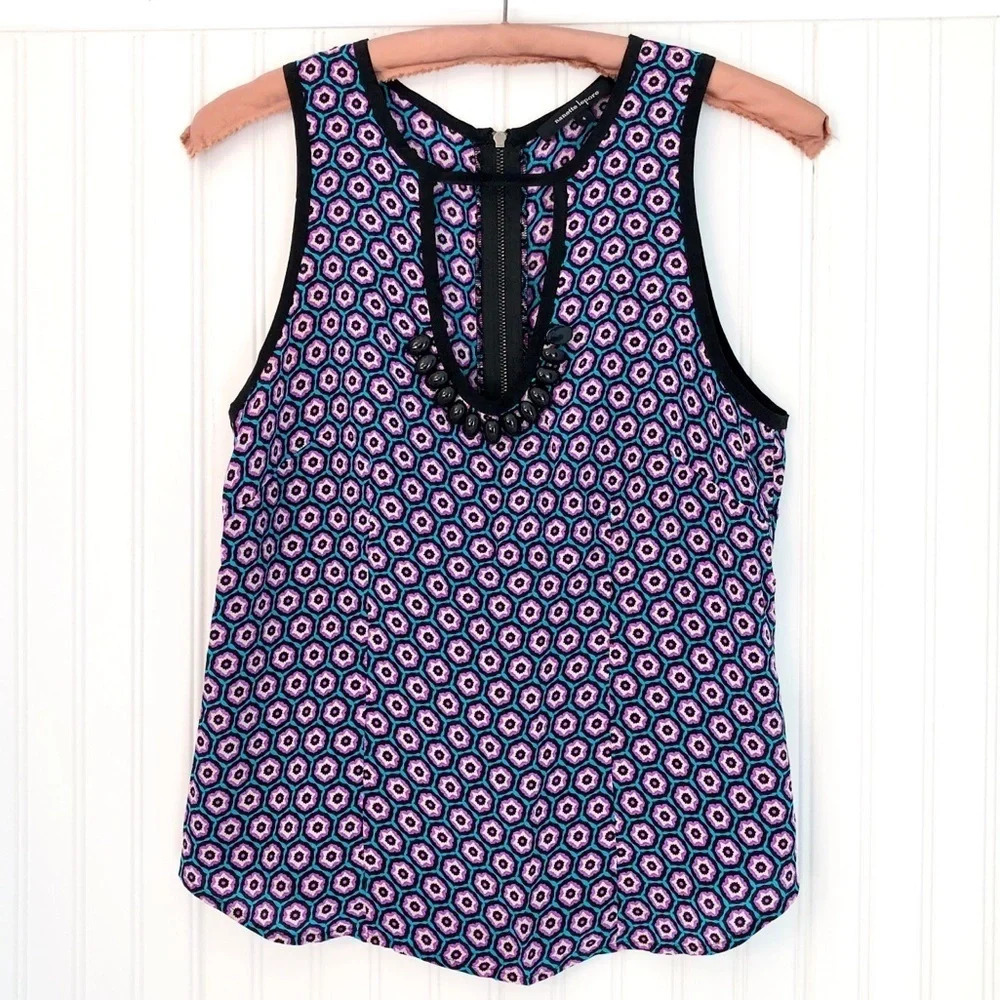 Nanette Lepore Silk Keyhole Tank Top Y2k Print Sz 4 S